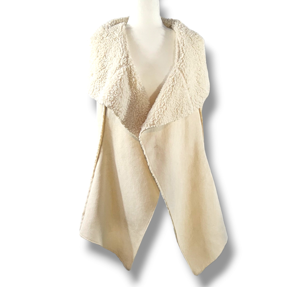 EUC‎ Knox Rose Faux Suede & Sherpa Waterfall Open Vest Sz. L Cream Ivory - Picture 2 of 9